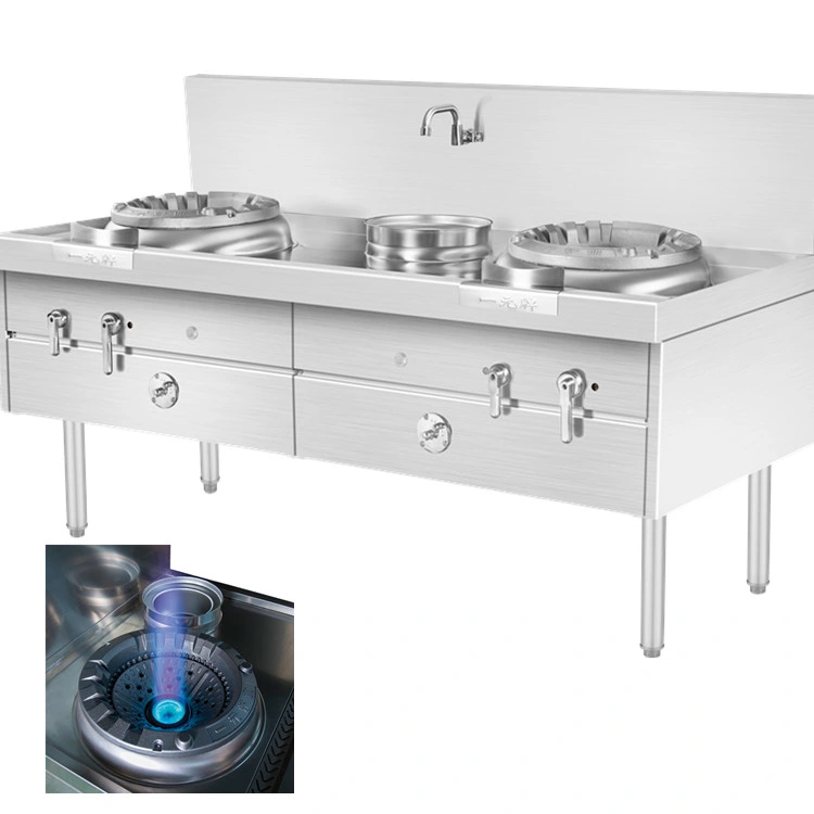 Stainless Steel Restaurant Equipment Kitchen Wok Gas Stove Double Burner with Blue Flame